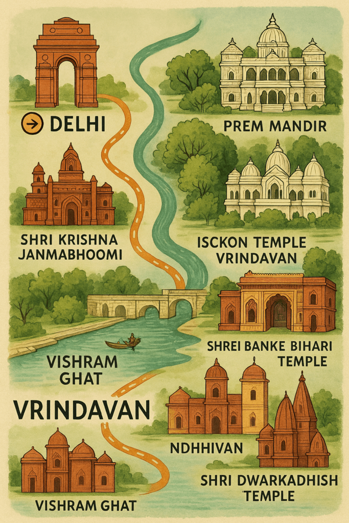 Book a reliable cab from Delhi to Vrindavan for a spiritual and comfortable journey. Explore Banke Bihari Temple, Prem Mandir, ISKCON Temple, and local sights with VS Taxi Service.
