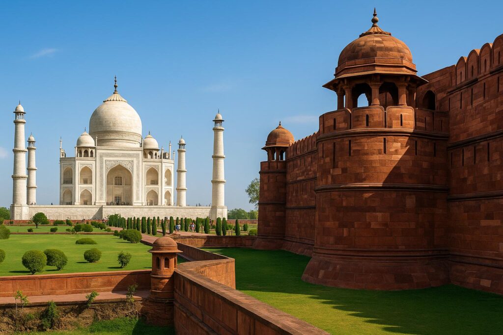 Wide-angle sunset view of the Taj Mahal and Agra Fort along the Yamuna River, perfect for sightseeing on an Agra city taxi tour