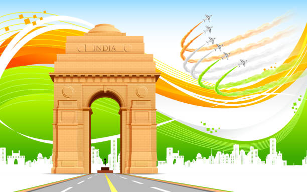 illustration of India gate on abstract flag tricolor background