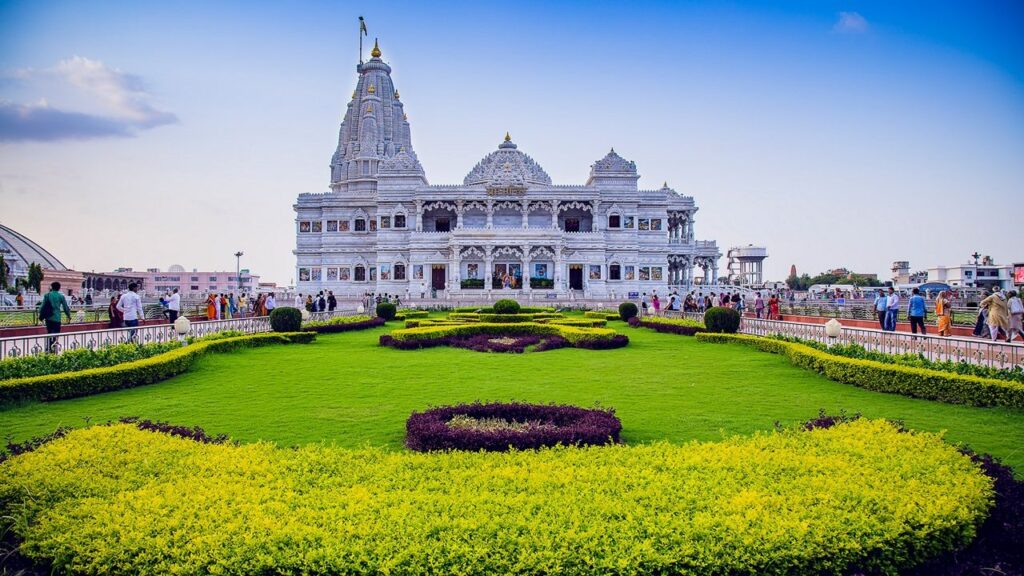 Prem Mandir in Vrindavan, a magnificent temple dedicated to Lord Krishna and Radha.