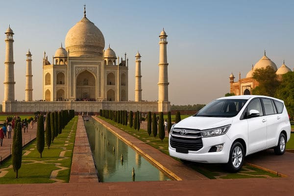 Agra local city sightseeing tour by cab covering Taj Mahal, Agra Fort, Mehtab Bagh, and markets