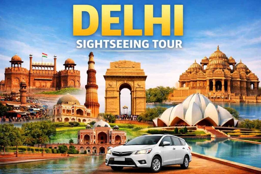 Delhi sightseeing tour by car covering Red Fort, Qutub Minar, Lotus Temple, Humayun’s Tomb and Akshardham
