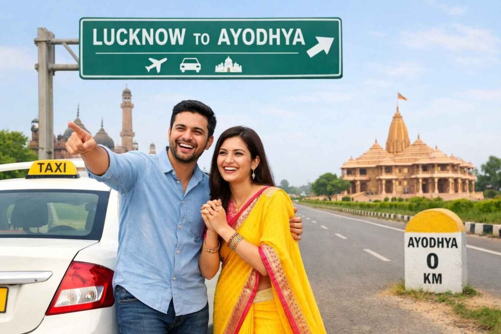 Lucknow to Ayodhya taxi service with happy family visiting Shri Ram Mandir