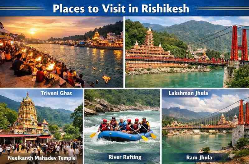 Popular places to visit in Rishikesh including Laxman Jhula and Triveni Ghat