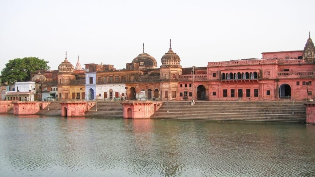 Ram Ki Paidi on the banks of Saryu River in Ayodhya with beautiful ghats and temple view
