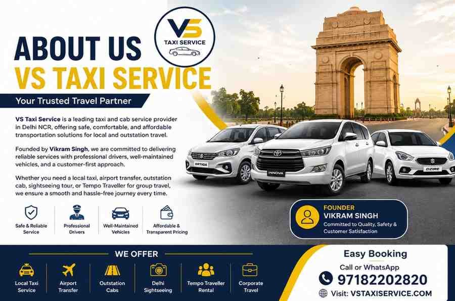 About Us VS Taxi Service Delhi NCR taxi and cab service provider with local taxi, airport transfer, outstation cab and Tempo Traveller rental services