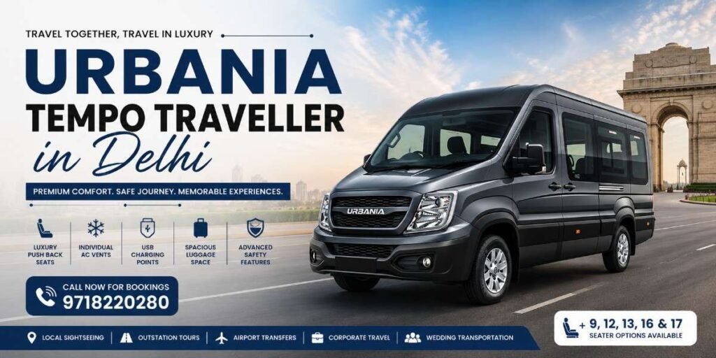 Luxury Urbania Tempo Traveller in Delhi with comfortable pushback seats and spacious interiors for group travel.