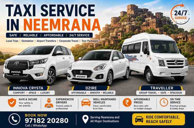 Cab in Neemrana with Innova Crysta, Dzire and Tempo Traveller for local, airport and outstation travel.